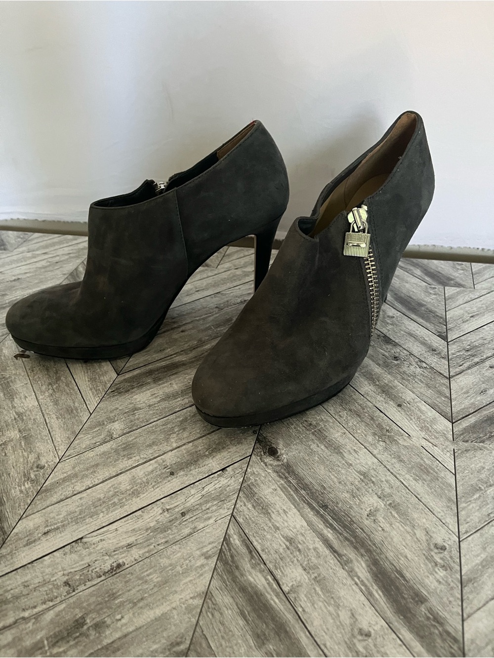 MICHAEL Michael Kors Dark Gray Suede Zip Ankle Booties